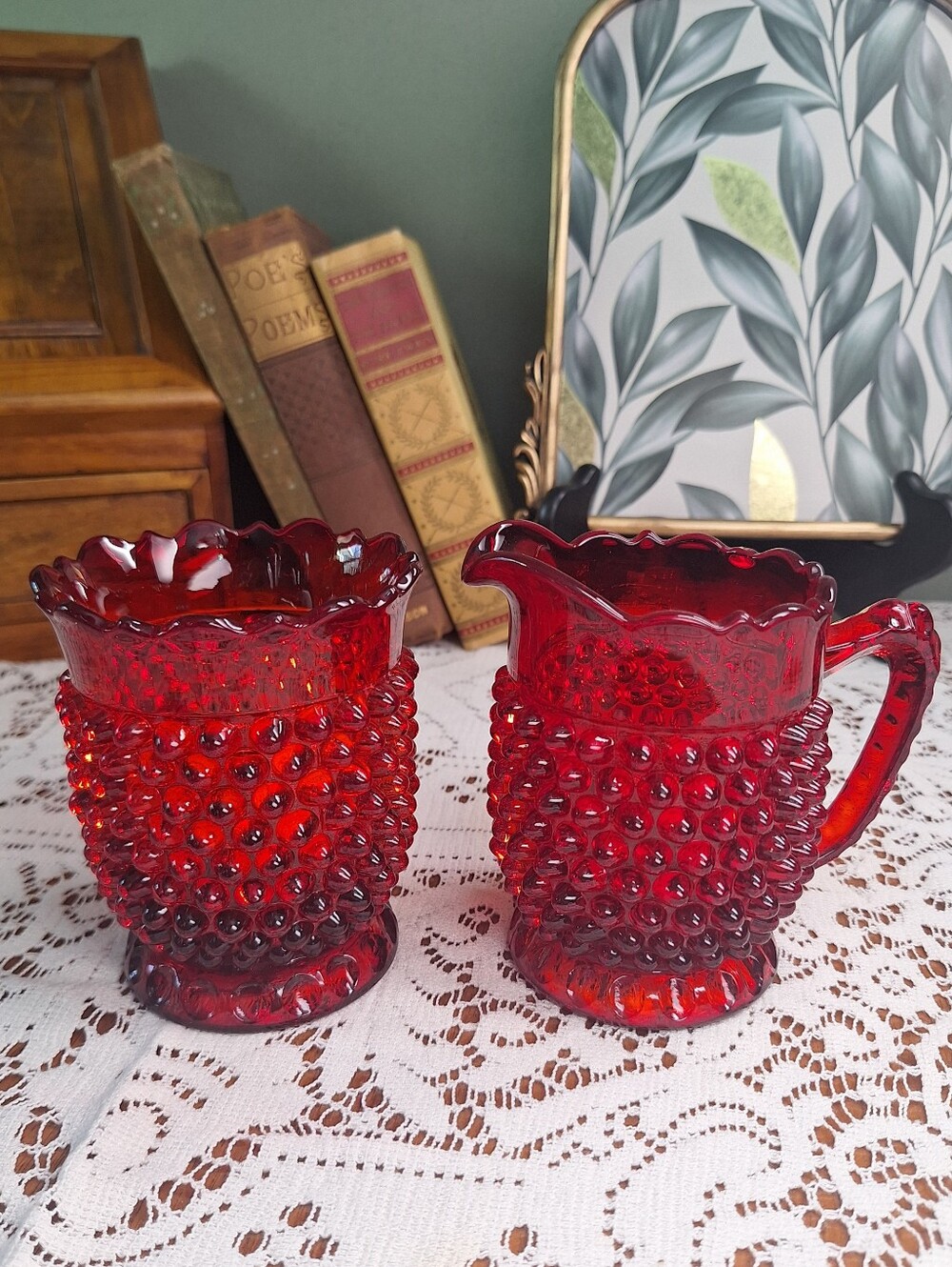 Fenton Ruby Red Hobnail Creamer Pitcher And Sugar Bowl